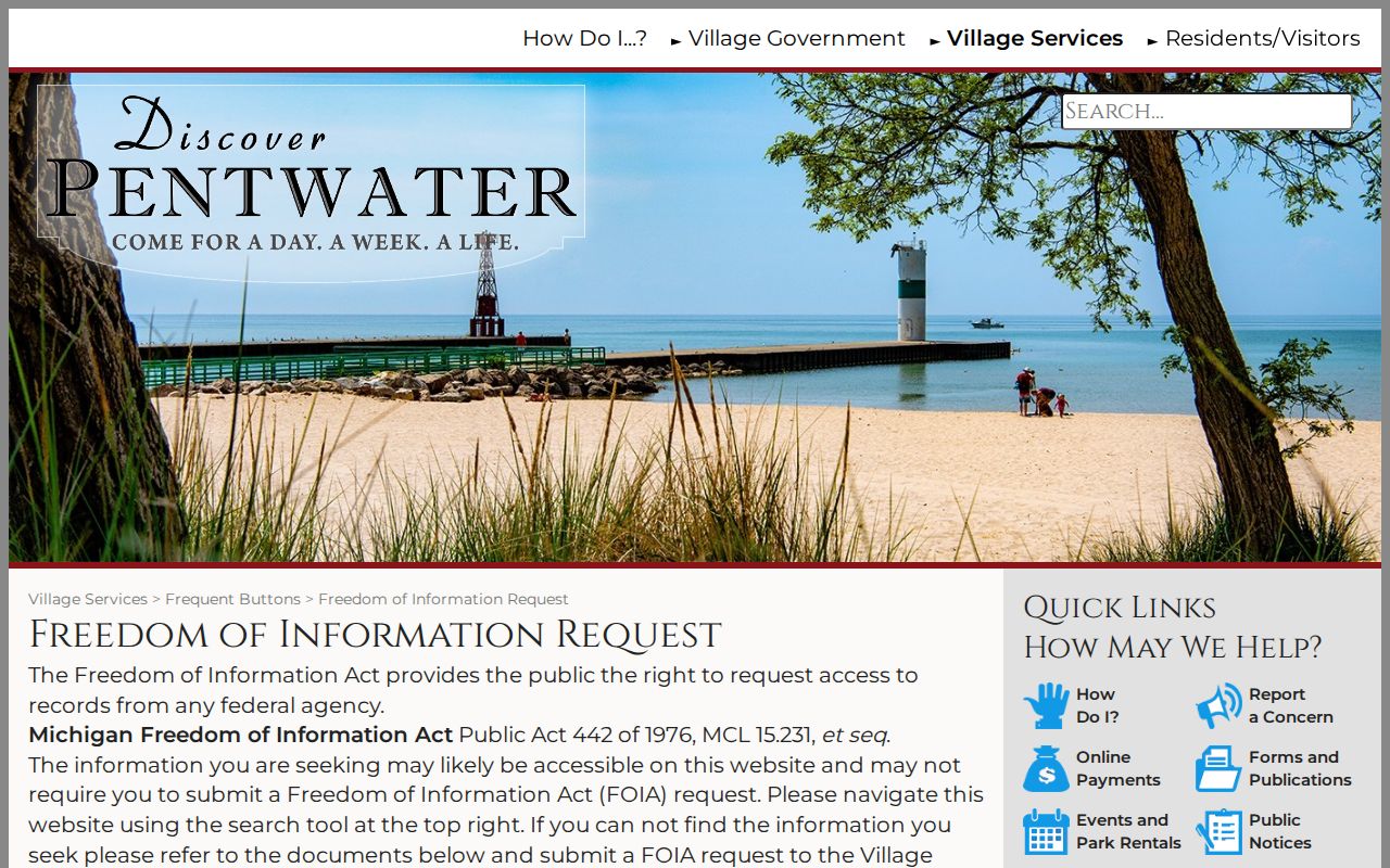 Oceana County criminal history source showing the Pentwater FOIA request page