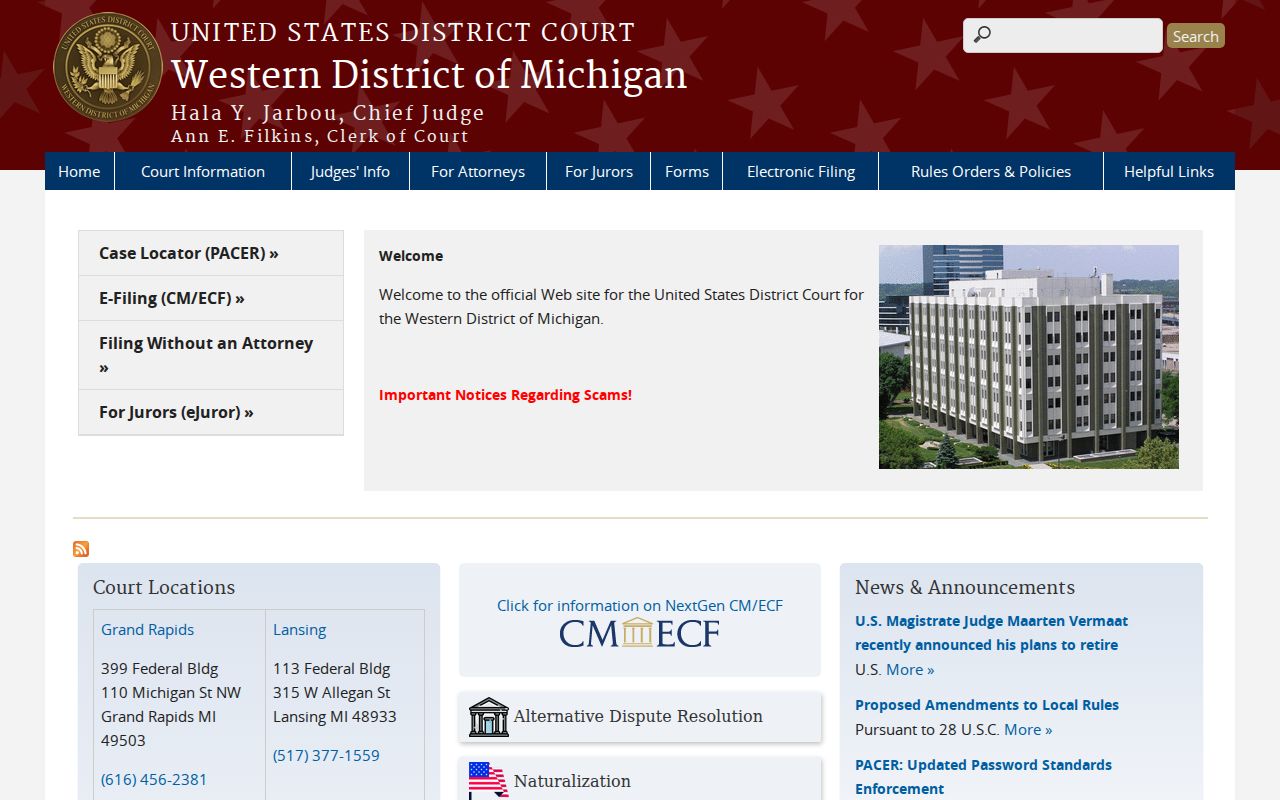 Oceana County criminal history source showing Pentwater federal court scope