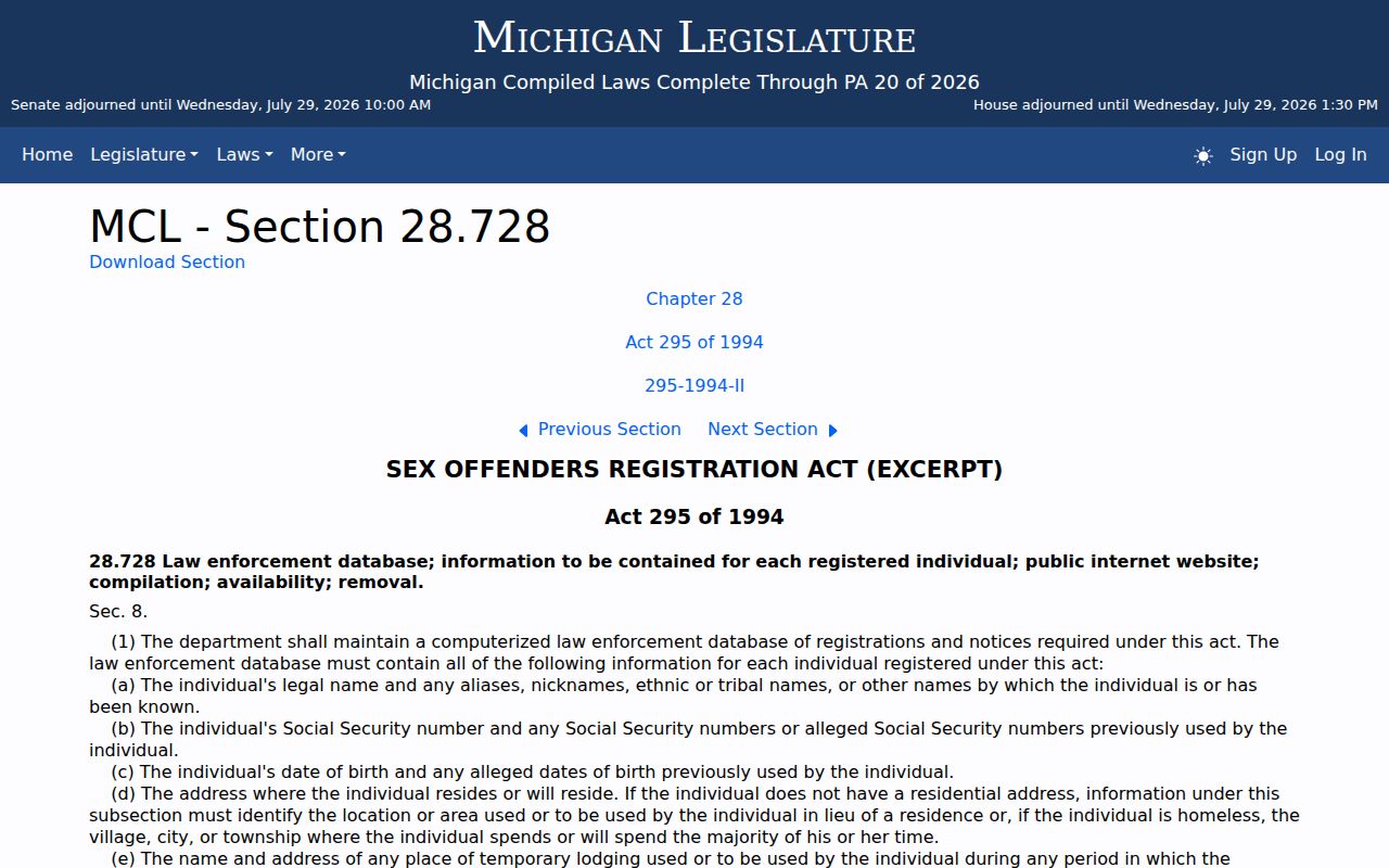 Michigan public registry information law for Oceana County sex offender records